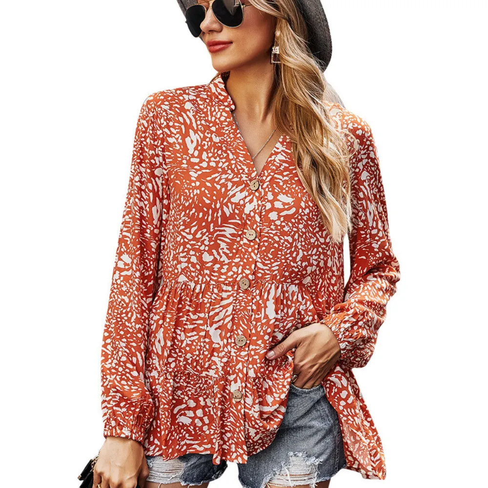 Abstract Pattern Flared Hem Full-Sleeves Shirt