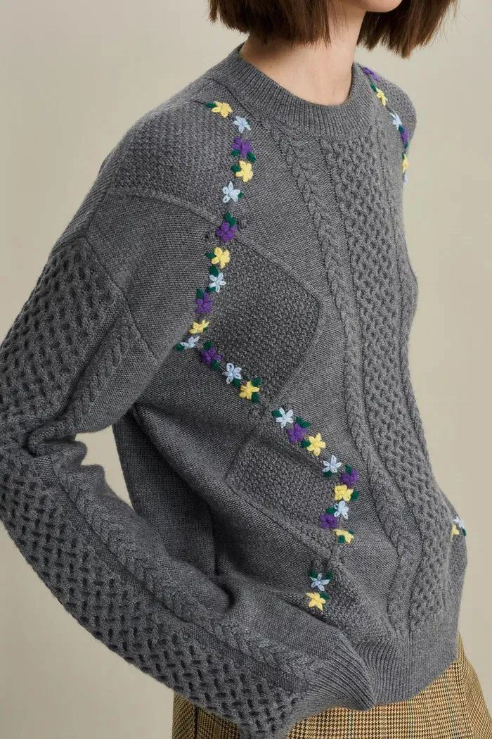 Arabella Knit Floral Sweater in Merino Wool Cable Knit