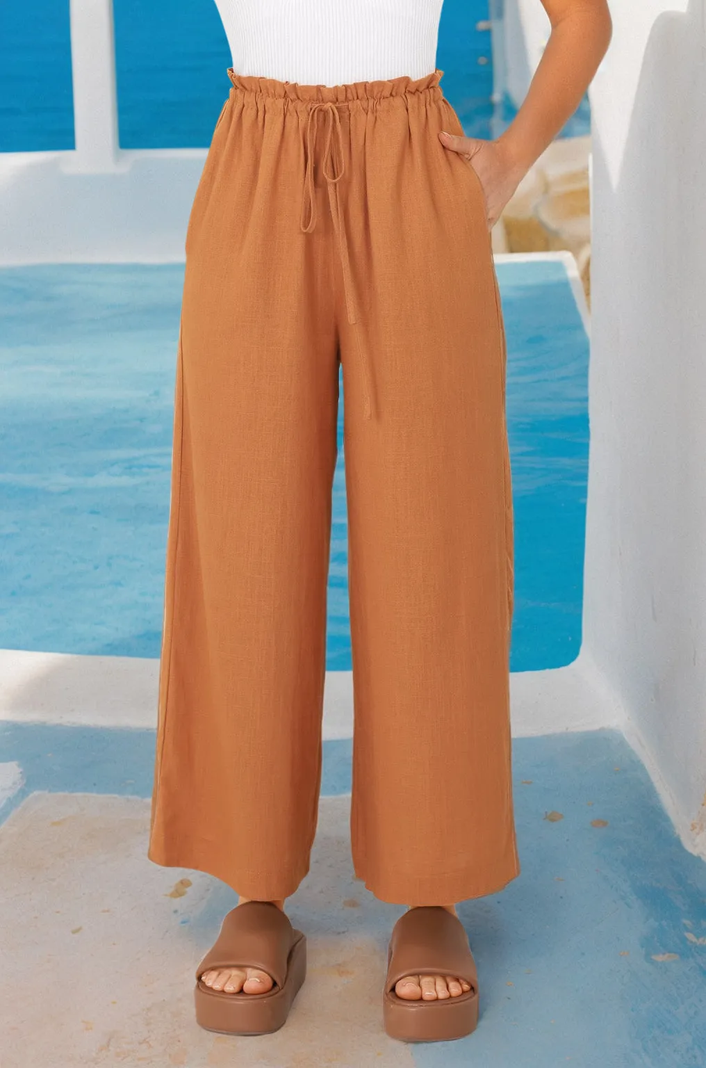 Armon Pants - Paper Bag Waist with Tie Wide Leg Pants in Rust