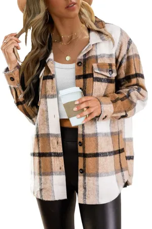 AUTOMET Womens Fall Outfits Fashion Clothes Shackets Flannel Plaid Button Down Long Sleeve Shirts Jackets 2024 Apricot M