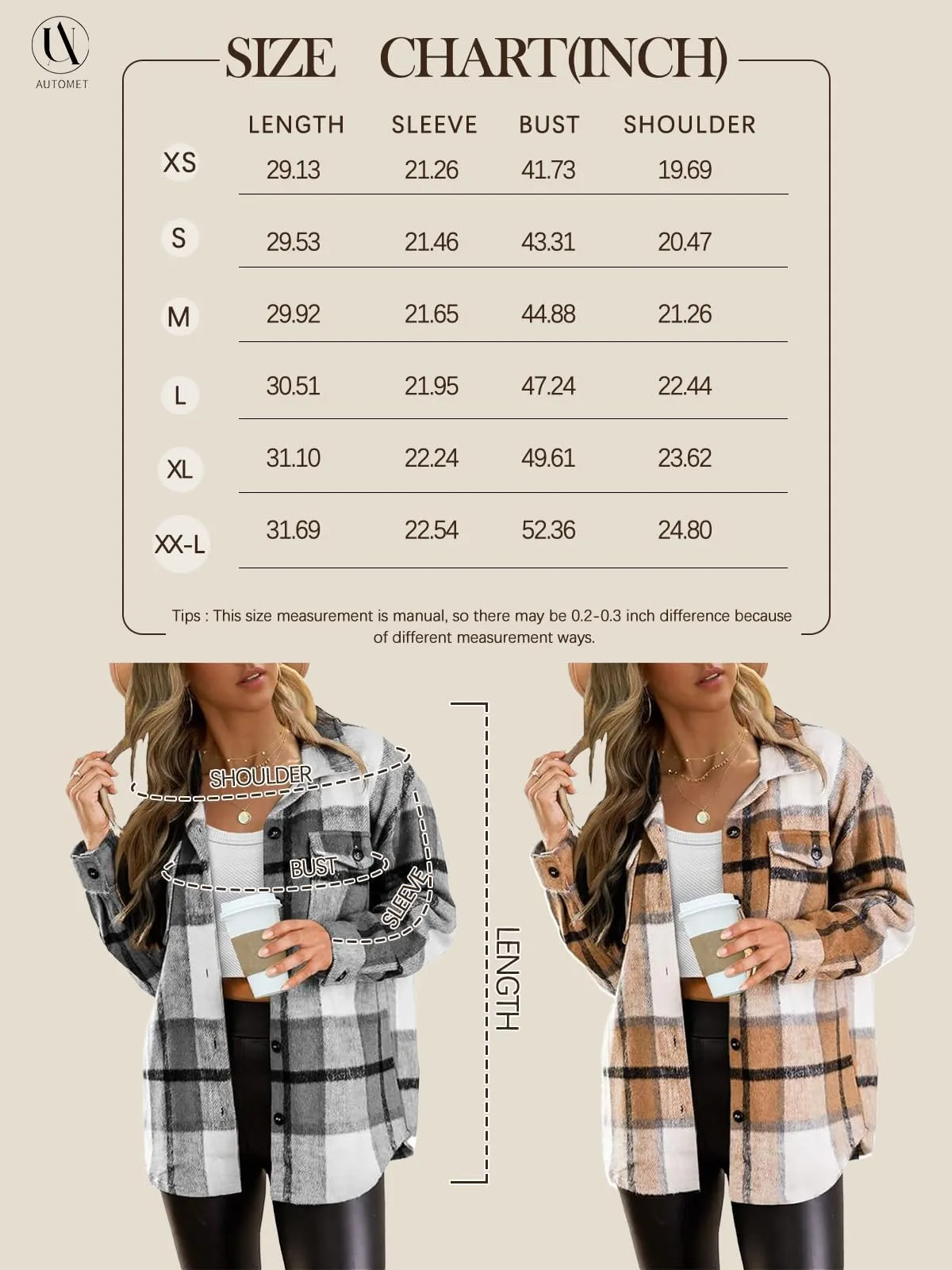 AUTOMET Womens Fall Outfits Fashion Clothes Shackets Flannel Plaid Button Down Long Sleeve Shirts Jackets 2024 Apricot M