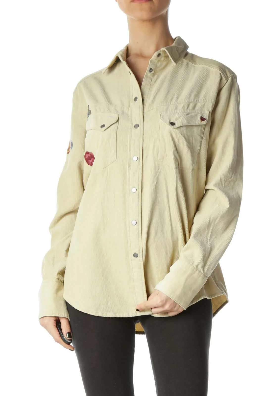 Beige Embroidered Button-Up Jacket