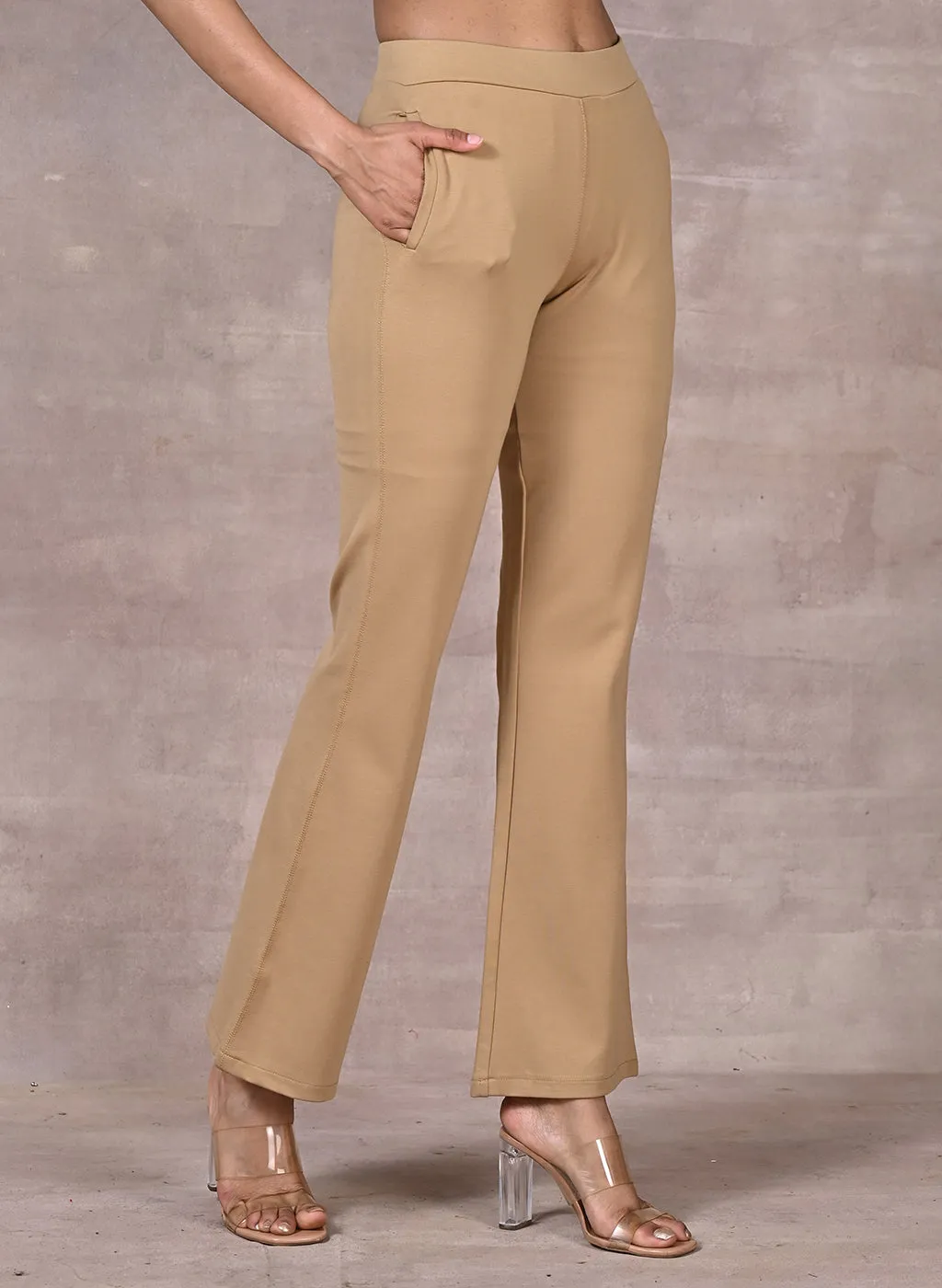 Beige Regular Plain Pants