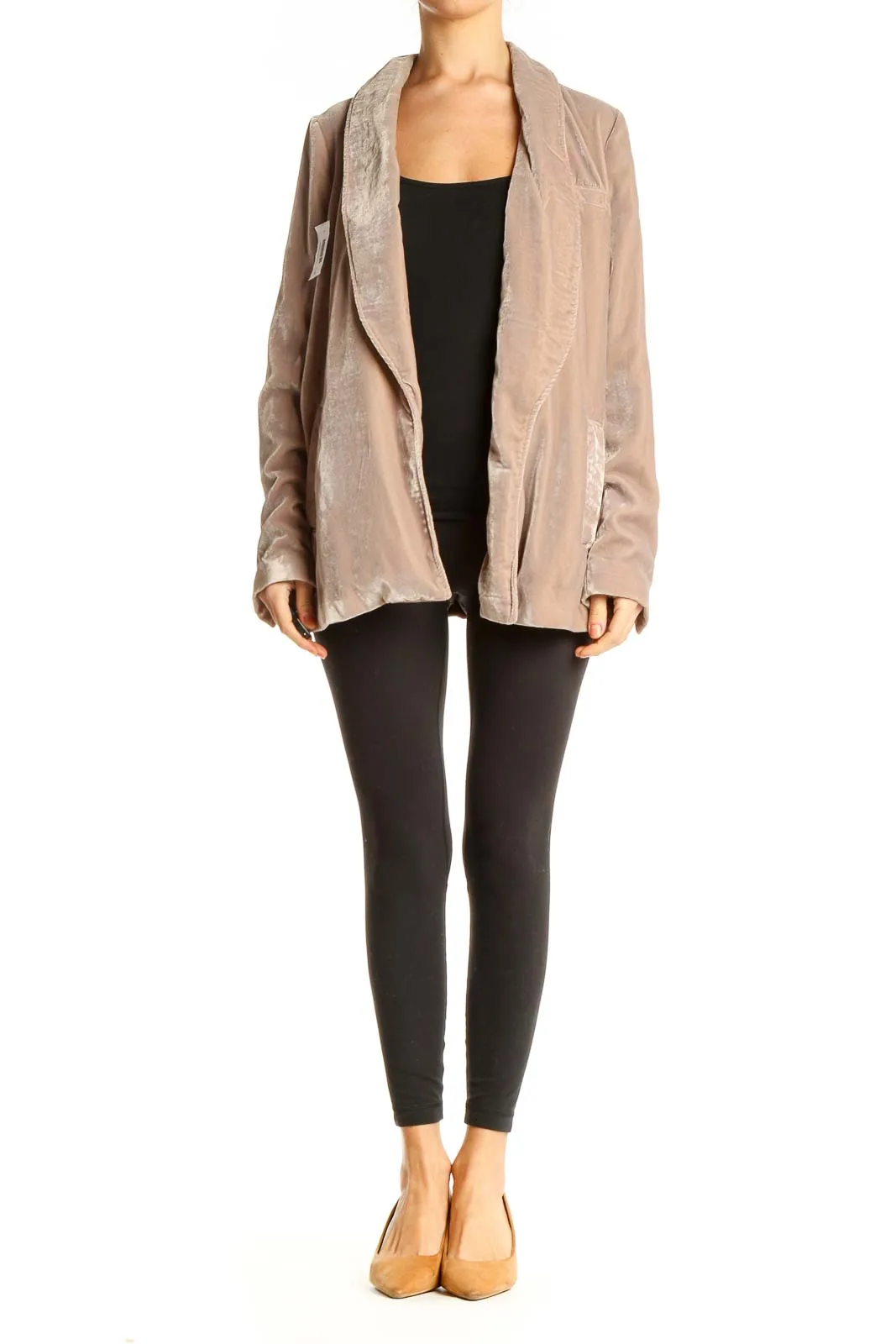 Beige Velvet Open Front Blazer