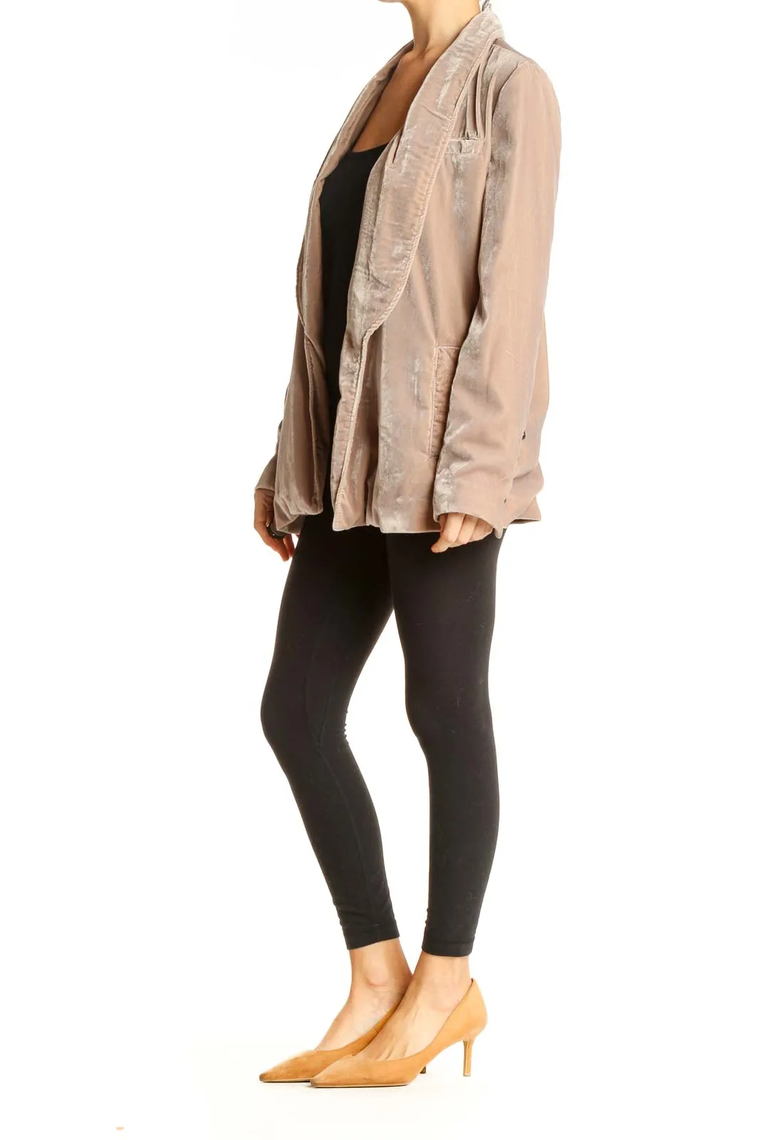 Beige Velvet Open Front Blazer