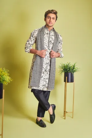 Black & White Silk Kurta With Floral Print