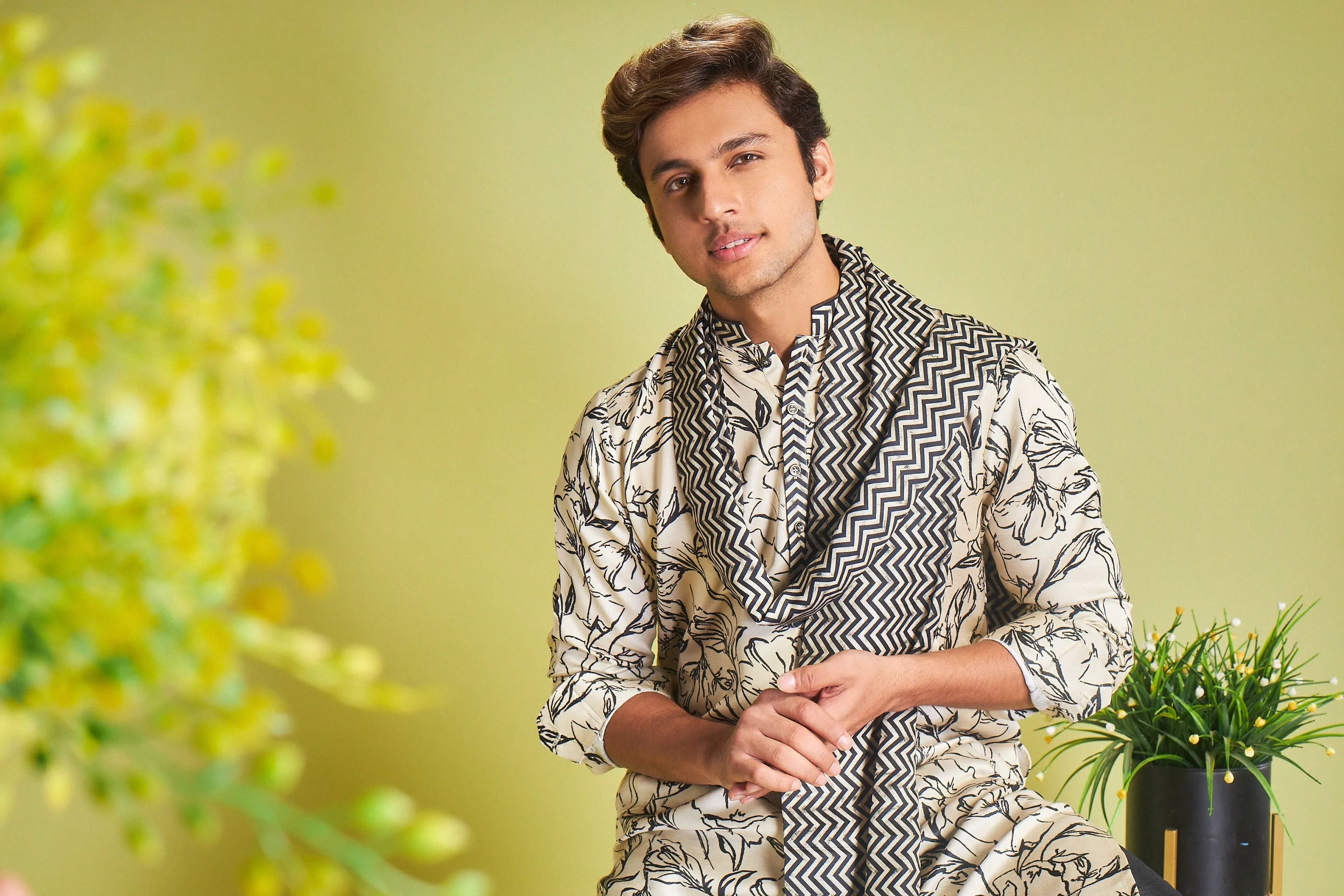 Black & White Silk Kurta With Floral Print