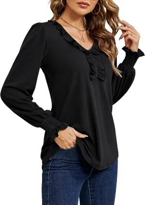 Black Casual V Neck T Shirts Loose Summer Tops Ruffle - Ivicoer