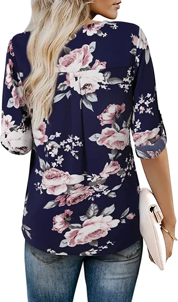 Black Dot Womens 3/4 Cuffed Sleeve Chiffon Printed V Neck Casual Blouse Shirt Tops - Youtalia