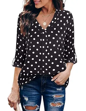 Black Dot Womens 3/4 Cuffed Sleeve Chiffon Printed V Neck Casual Blouse Shirt Tops - Youtalia