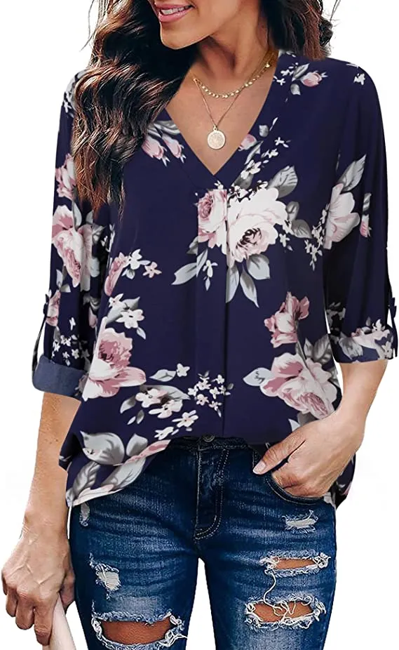 Black Dot Womens 3/4 Cuffed Sleeve Chiffon Printed V Neck Casual Blouse Shirt Tops - Youtalia