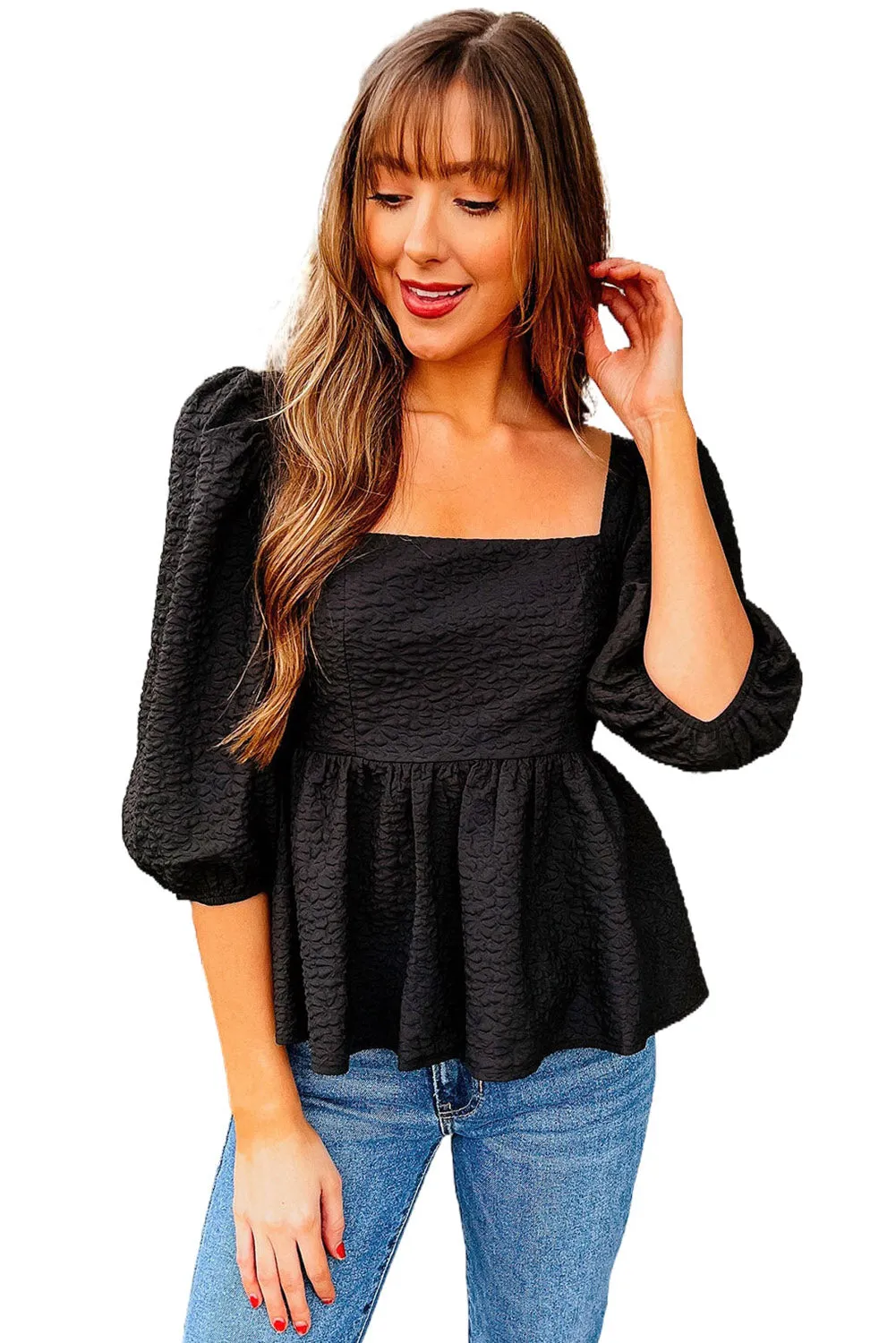 Black Textured Square Neck Puff Sleeve Peplum Blouse