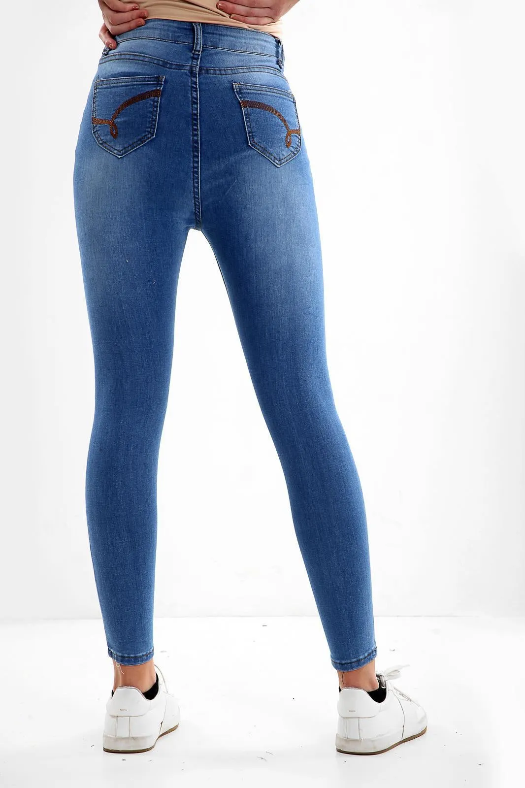 Blue Ladies High waisted knee cut jeans