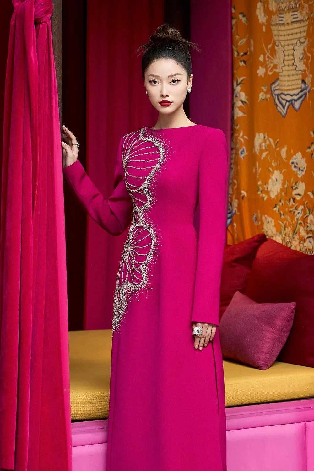 Brillz A-line Square Shoulder Velvet Satin Floor Length Ao Dai