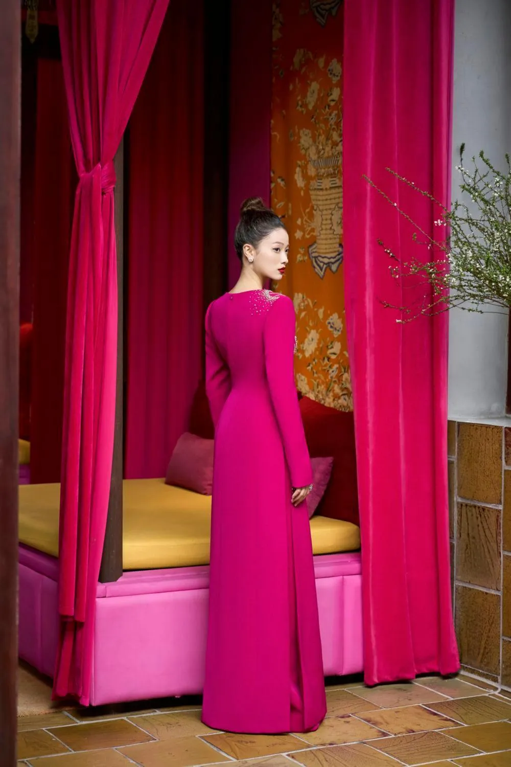 Brillz A-line Square Shoulder Velvet Satin Floor Length Ao Dai