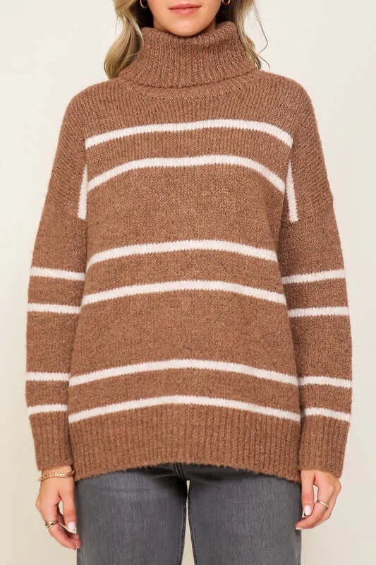 Brown Whiten Turtle Neck Pinstripe Sweater