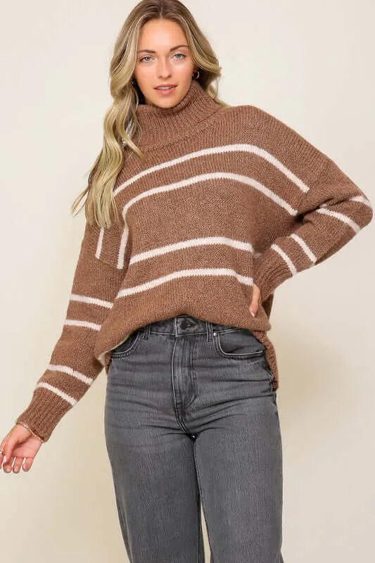 Brown Whiten Turtle Neck Pinstripe Sweater