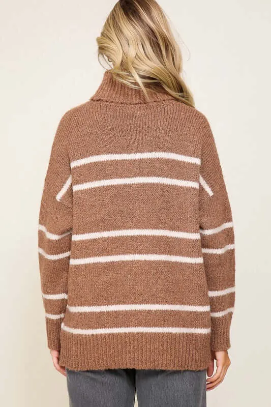 Brown Whiten Turtle Neck Pinstripe Sweater