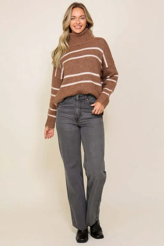 Brown Whiten Turtle Neck Pinstripe Sweater