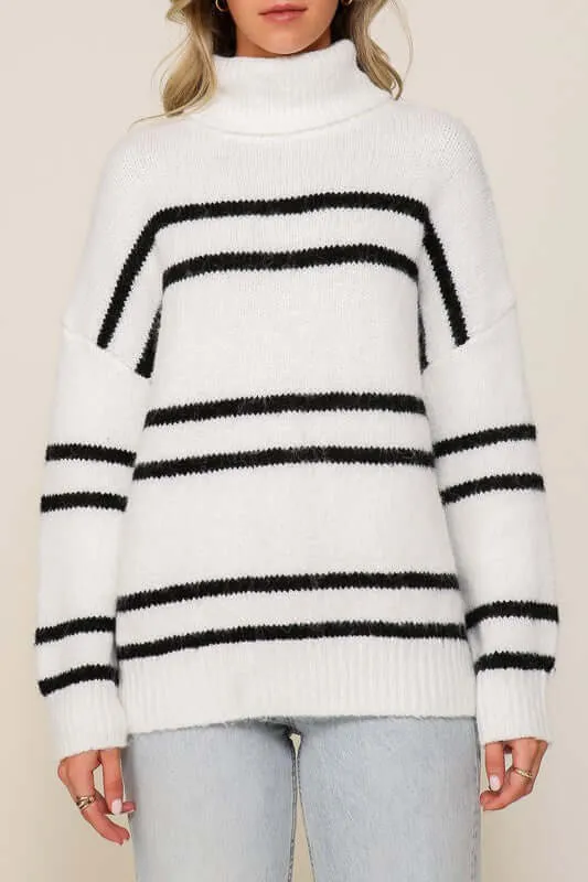 Brown Whiten Turtle Neck Pinstripe Sweater