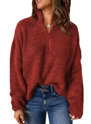 Cardinal Red Sweaters for Women Waffle Kint Long Sleeve Zip Pullover Polo V Neck Sweater for Women - EVALESS