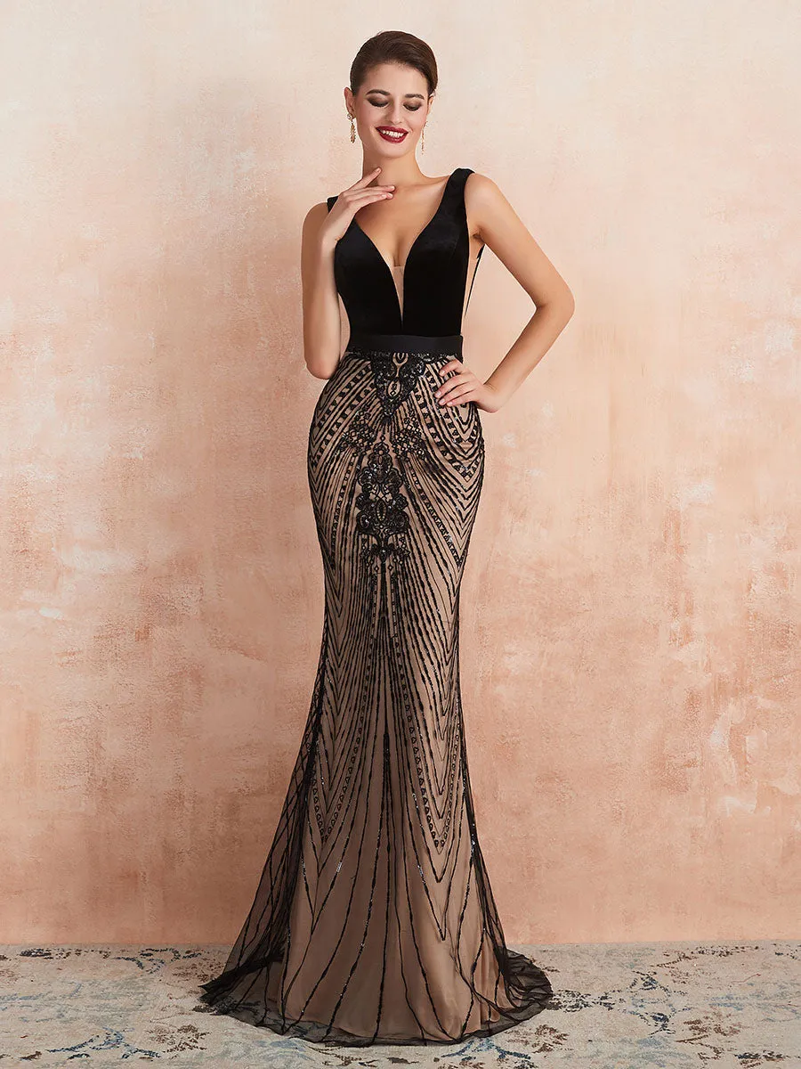 Charming Evening Dress  Mermaid Black Beaded Sleeveless V Neck Formal Party Dresses With Train