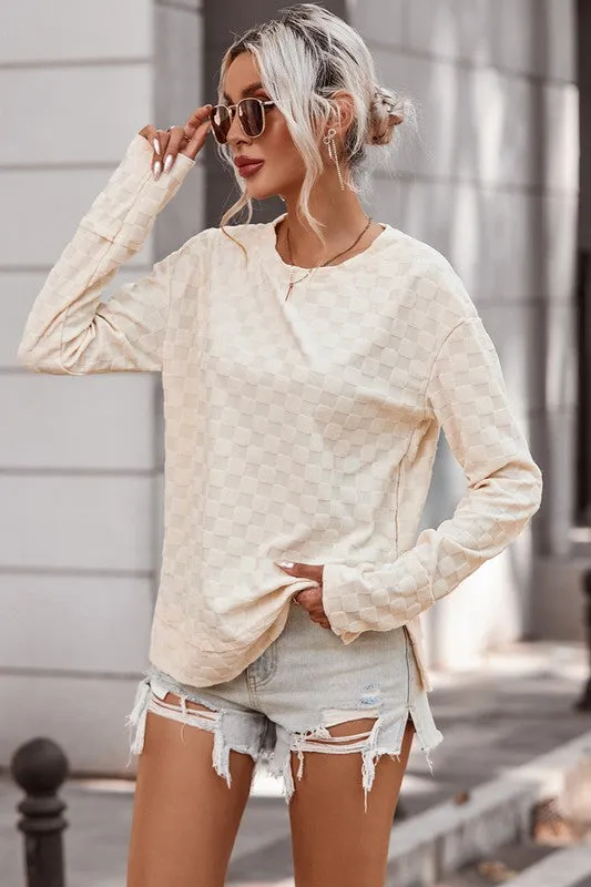 Checked Beige Solid Textured Thumbhole Sleeve Top