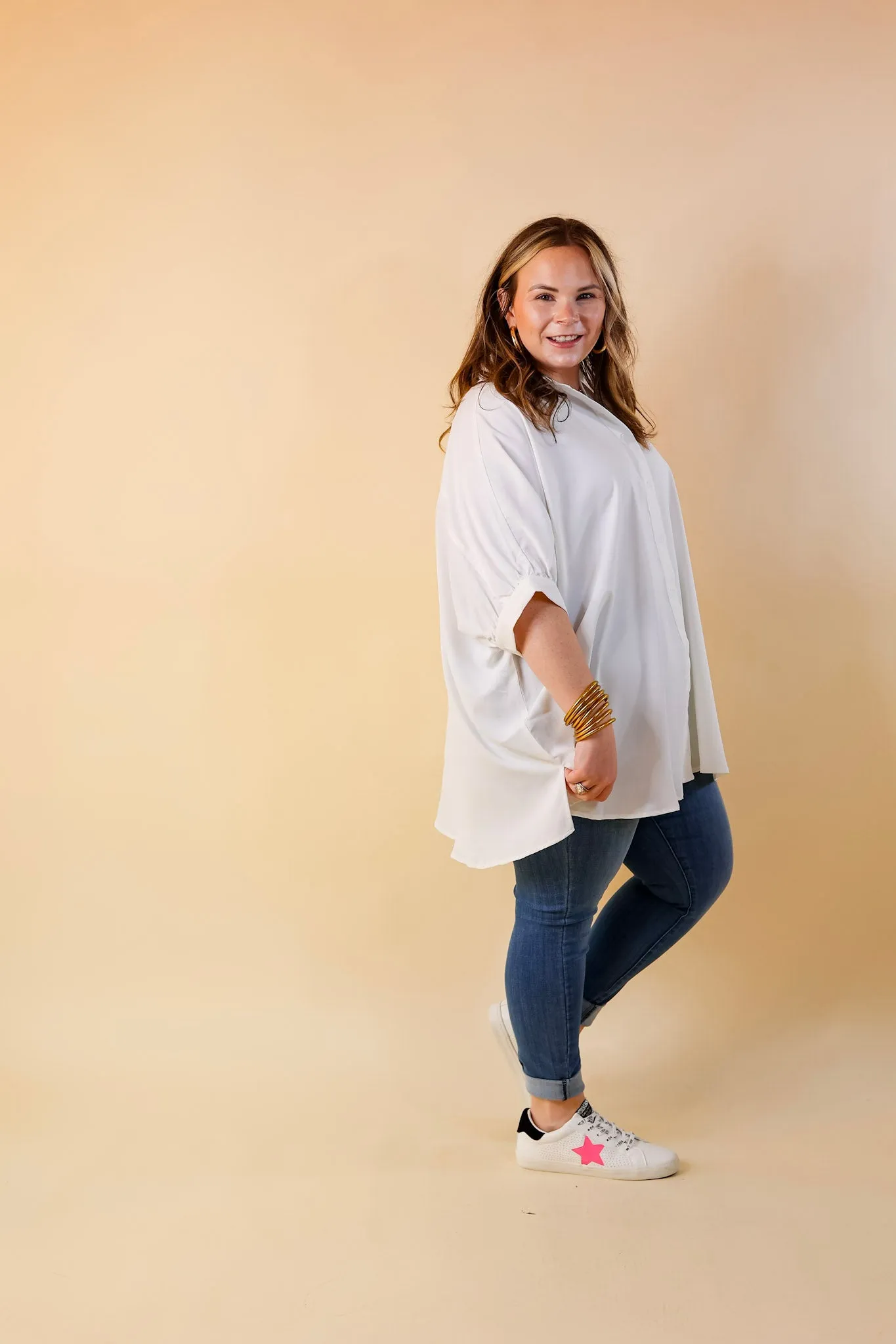 City Lifestyle Button Up Half Sleeve Poncho Top in Off White