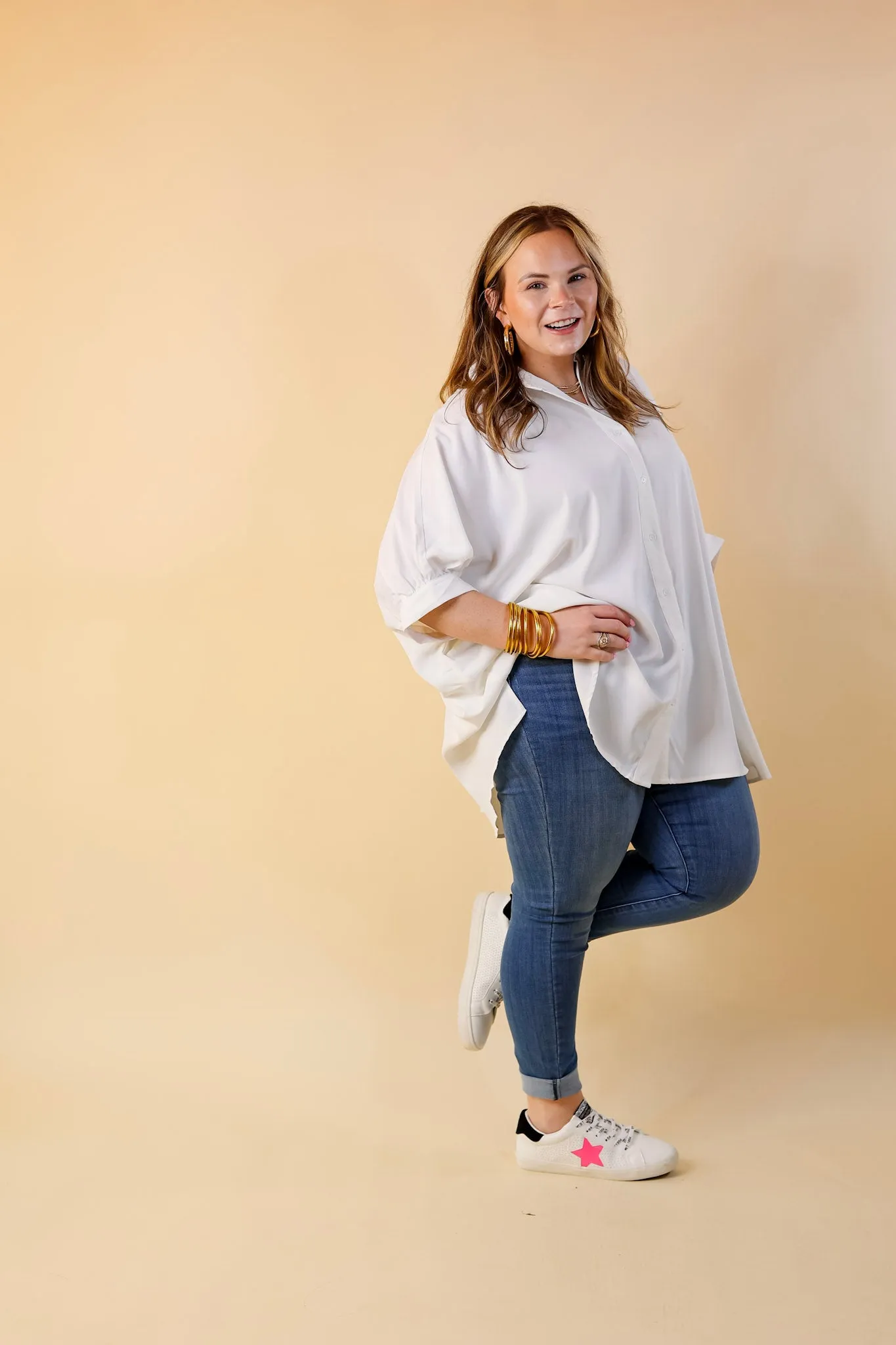 City Lifestyle Button Up Half Sleeve Poncho Top in Off White