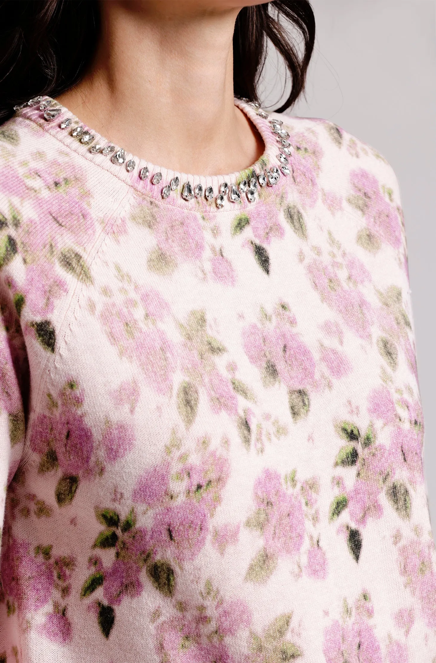 Cotton Cashmere Printed Crew with Jewels