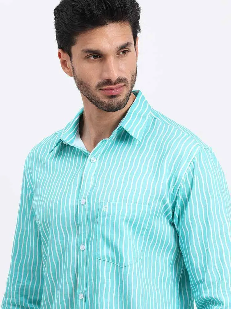 Cyan Stripe Printed Full Sleeve Shirt