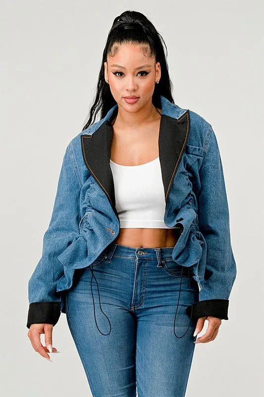 Denim Blue Ruched Style Long Sleeve Blazer