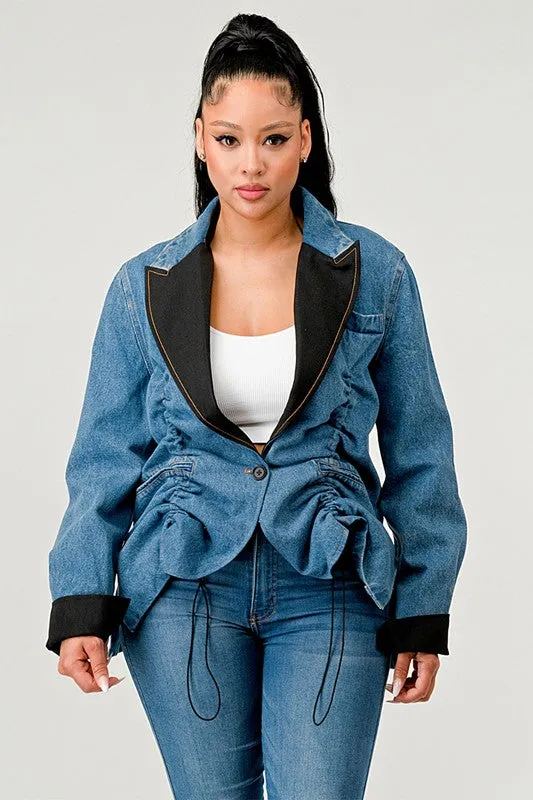 Denim Blue Ruched Style Long Sleeve Blazer