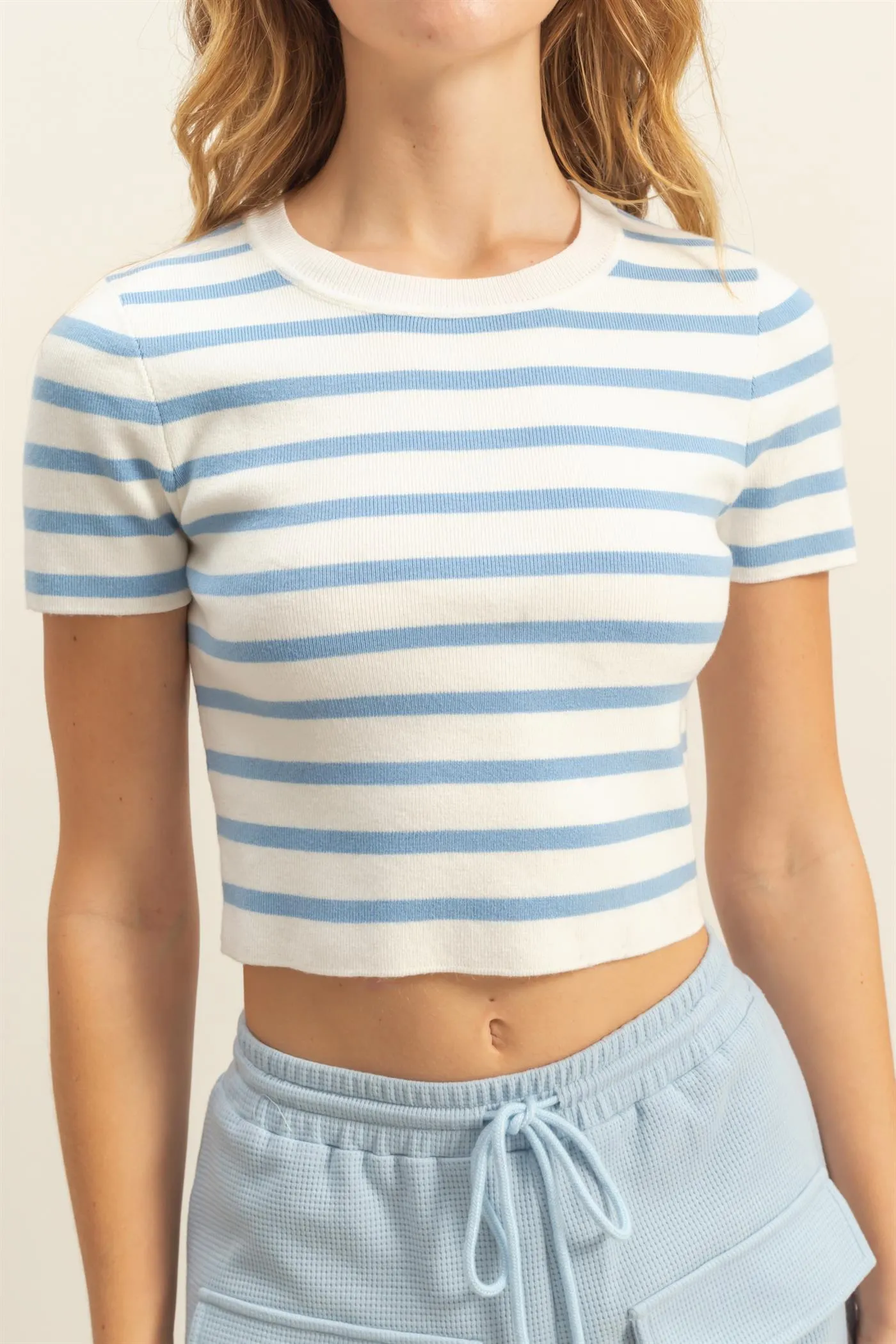 DZ25A909-Striped Short Sleeve Crew Neck Crop Top