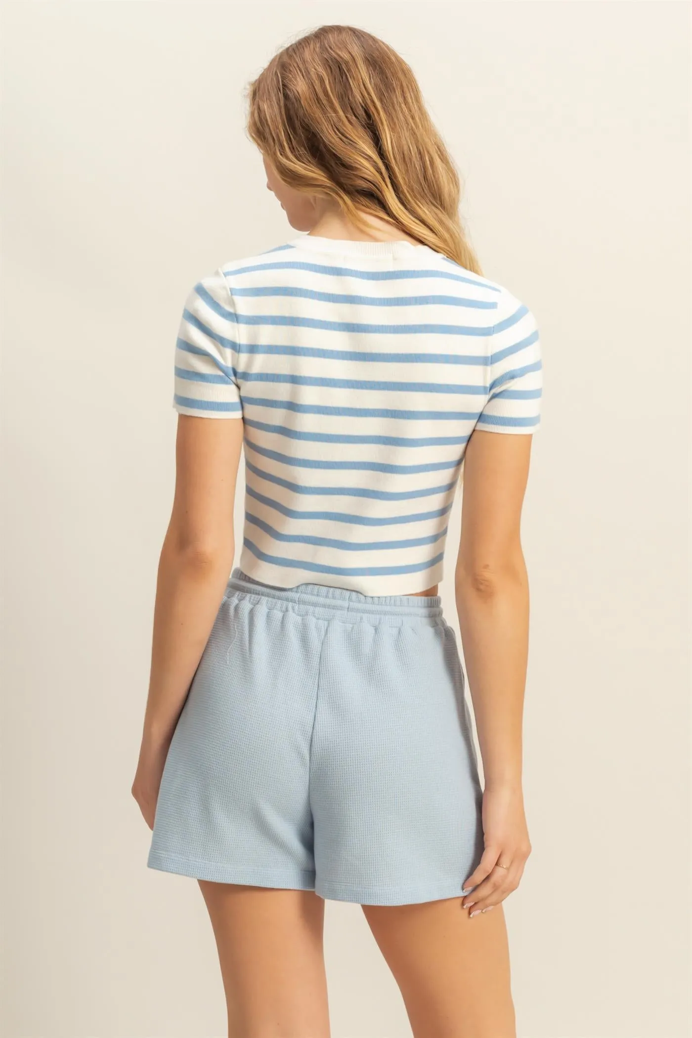 DZ25A909-Striped Short Sleeve Crew Neck Crop Top