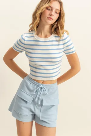 DZ25A909-Striped Short Sleeve Crew Neck Crop Top