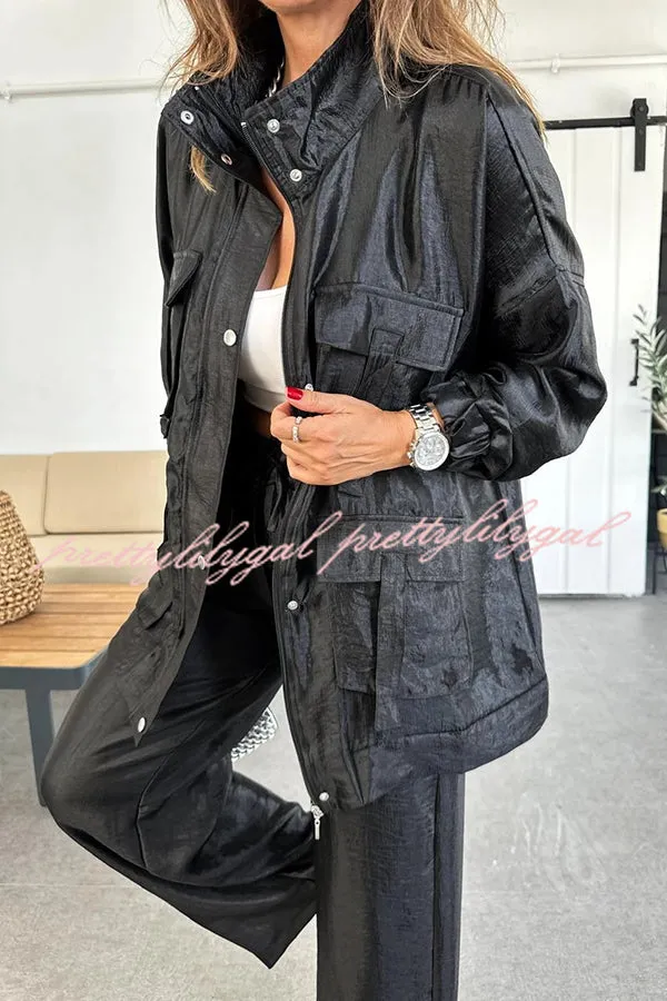 Easy on Me Metallic Fabric Flap Pocket Cargo Style Zipper Loose Jacket