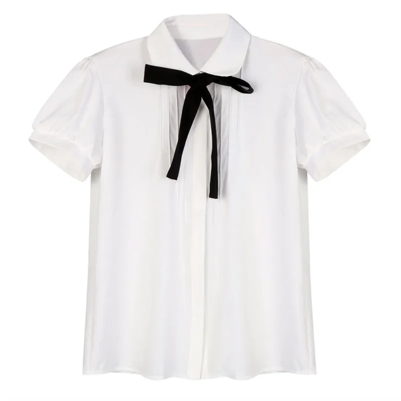 Elegant Bow Tie White Blouse Chiffon Collar Casual Shirt Office Ladies