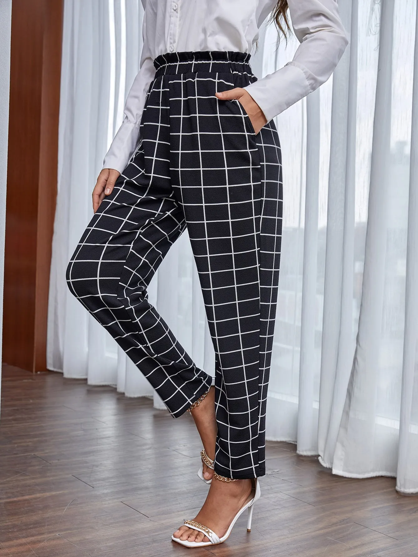 Elegant Plaid Paper Bag Waist Natural Cropped Women Pants