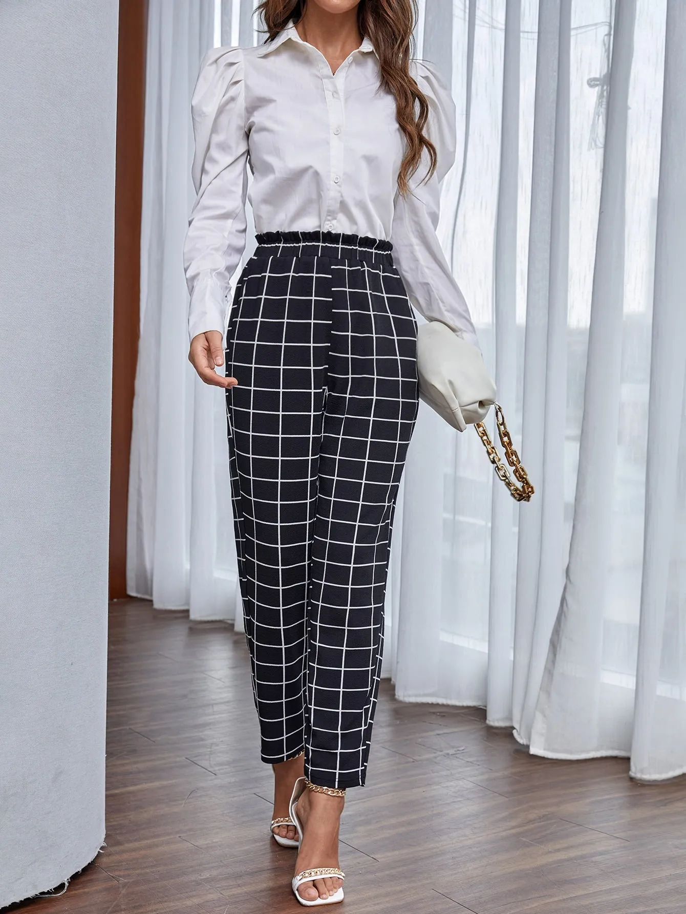 Elegant Plaid Paper Bag Waist Natural Cropped Women Pants