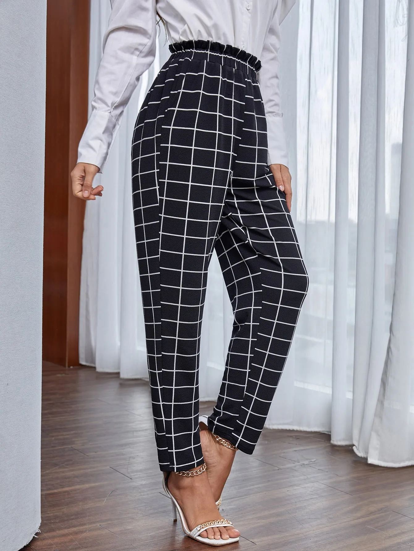 Elegant Plaid Paper Bag Waist Natural Cropped Women Pants