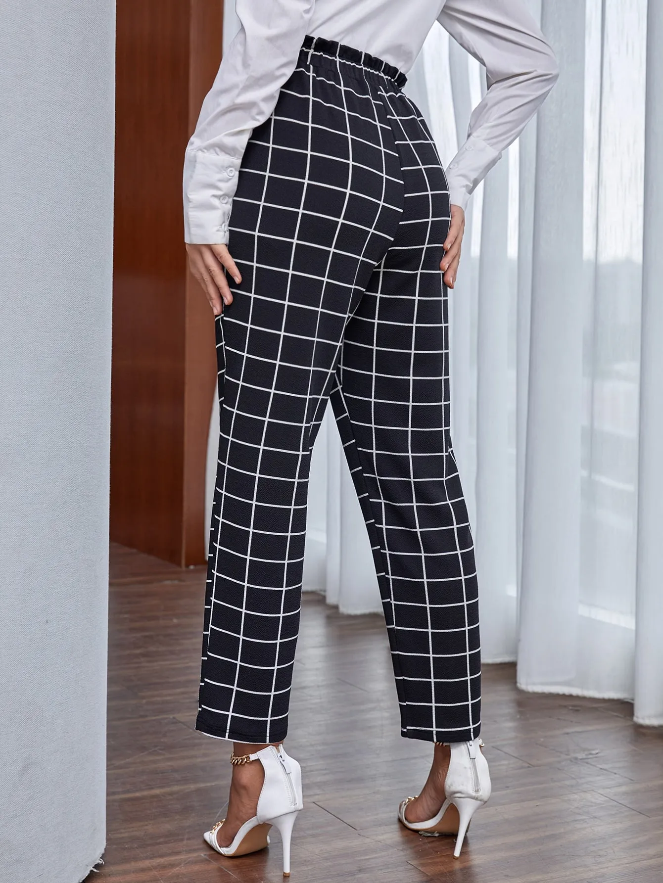 Elegant Plaid Paper Bag Waist Natural Cropped Women Pants