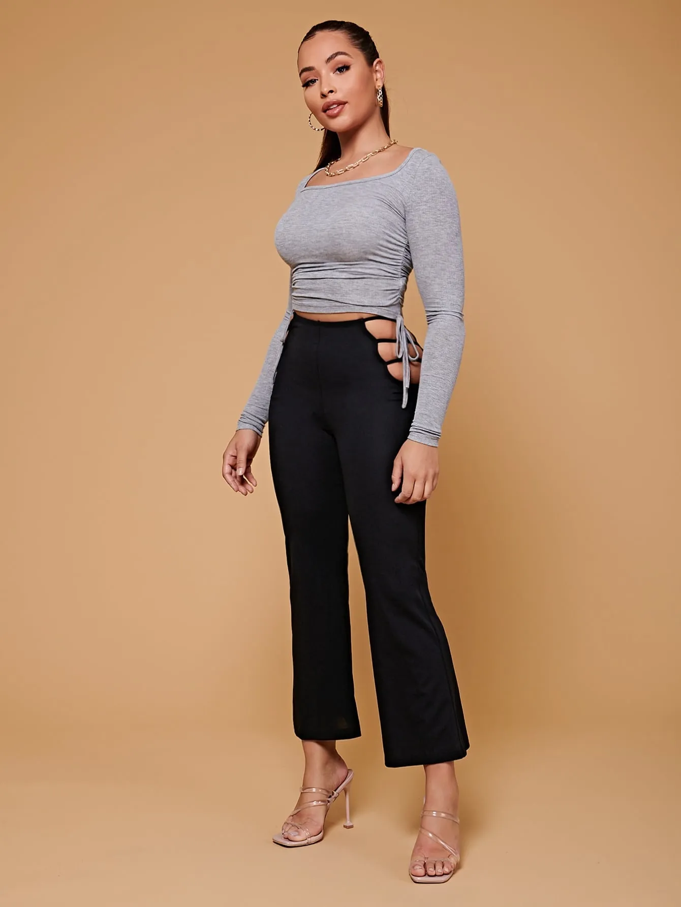 Elegant Plain Cut Out High Waist Long Women Pants