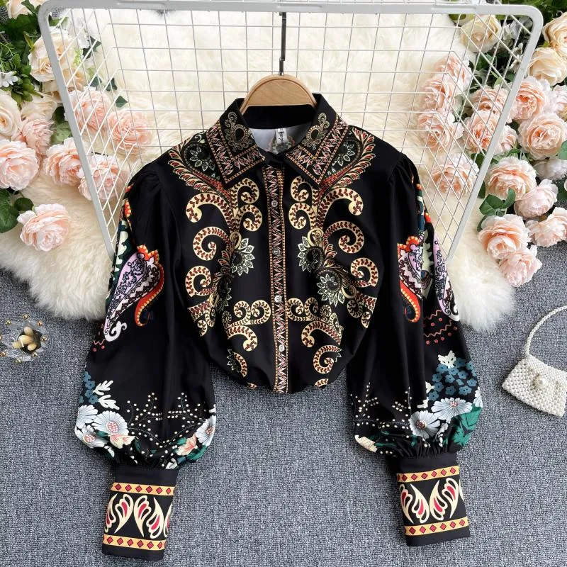 elveswallet Retro Totem Printing Lantern Sleeve Blouse