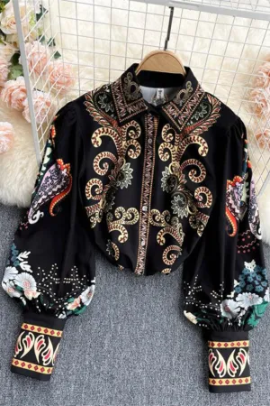 elveswallet Retro Totem Printing Lantern Sleeve Blouse