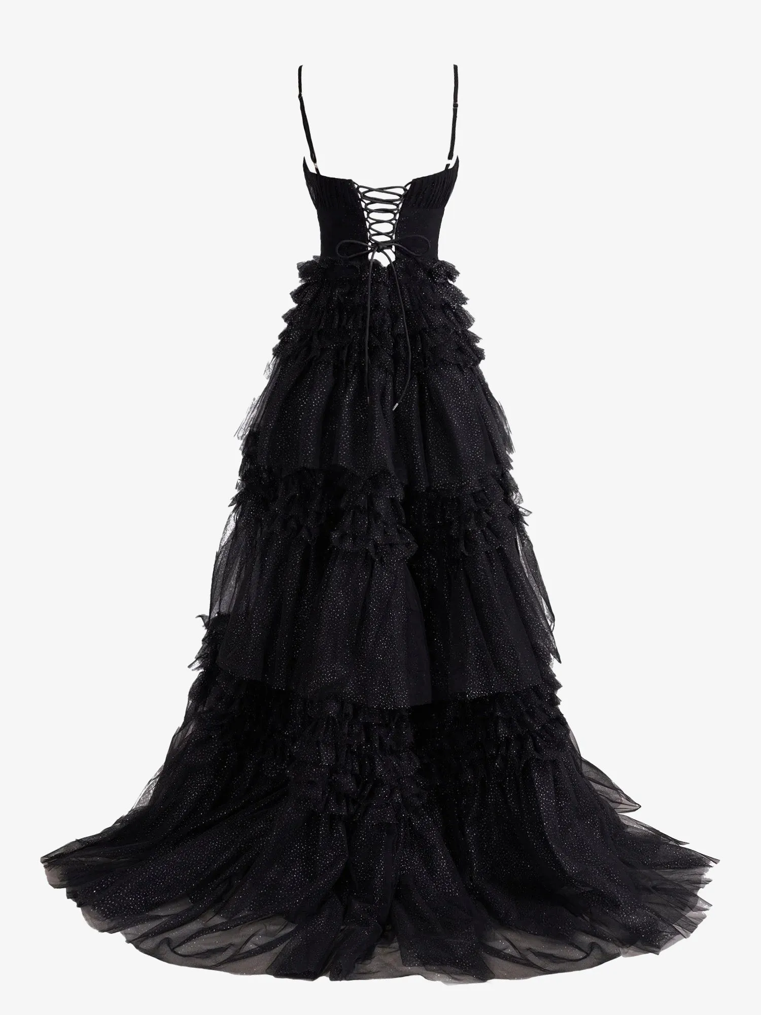 Emerson | Black A-Line Deep V Neck Tiered Long Glitter Tulle Prom Dress