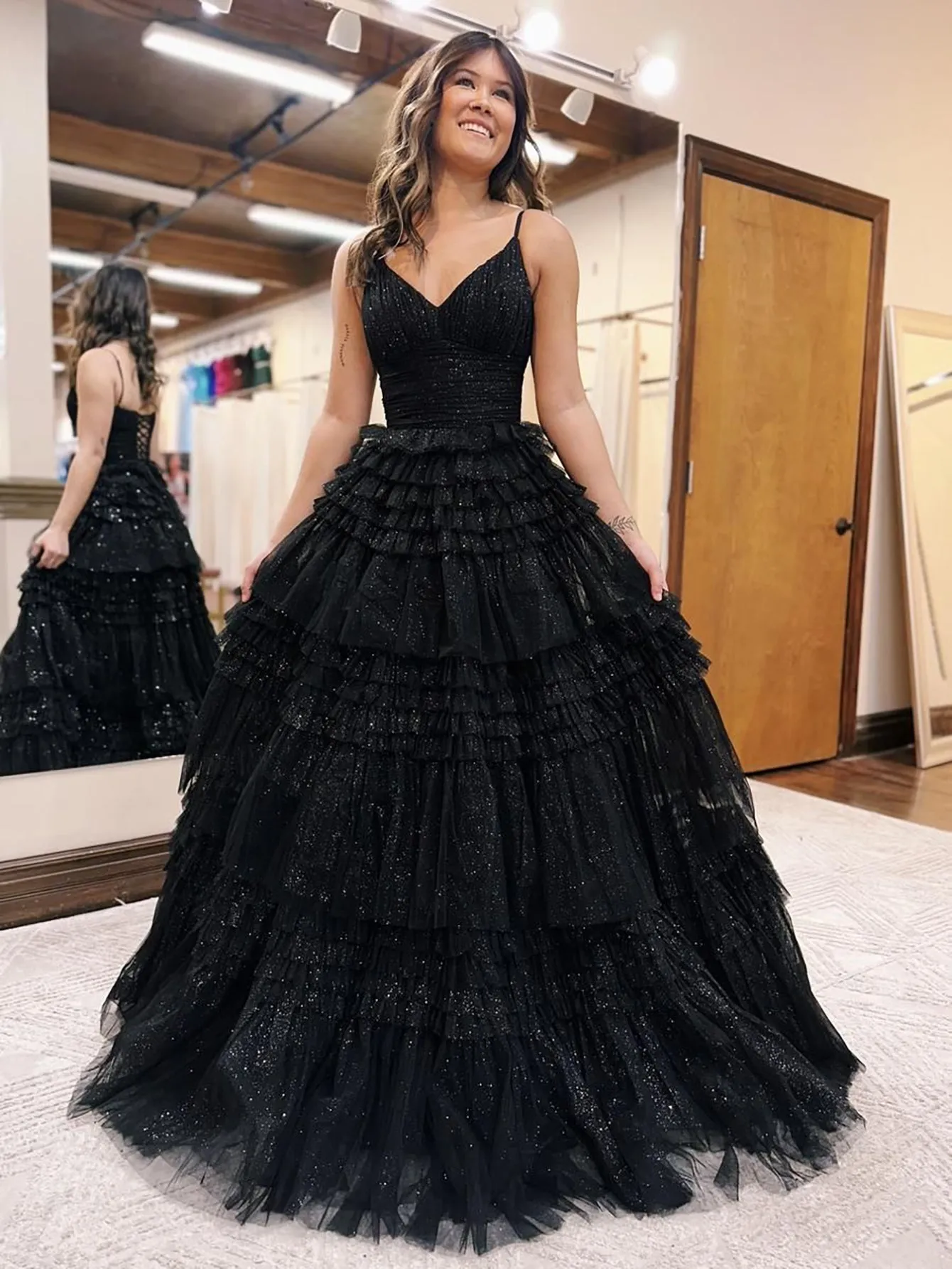 Emerson | Black A-Line Deep V Neck Tiered Long Glitter Tulle Prom Dress