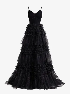 Emerson | Black A-Line Deep V Neck Tiered Long Glitter Tulle Prom Dress