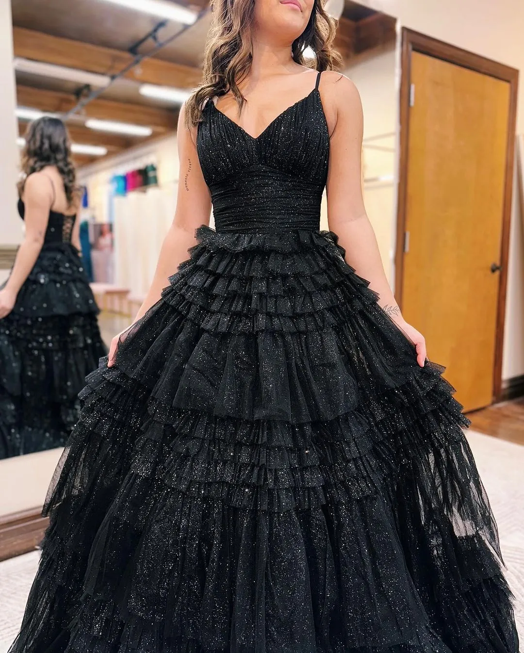 Emerson | Black A-Line Deep V Neck Tiered Long Glitter Tulle Prom Dress