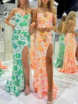 Emersyn | Orange Sequin Lace V Neck Mermaid Prom Dresses with Slit